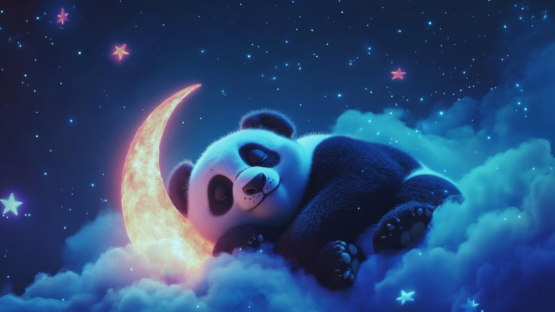 cute panda wallpaper 4k - sleepy panda on crescent moon with stars and pastel clouds