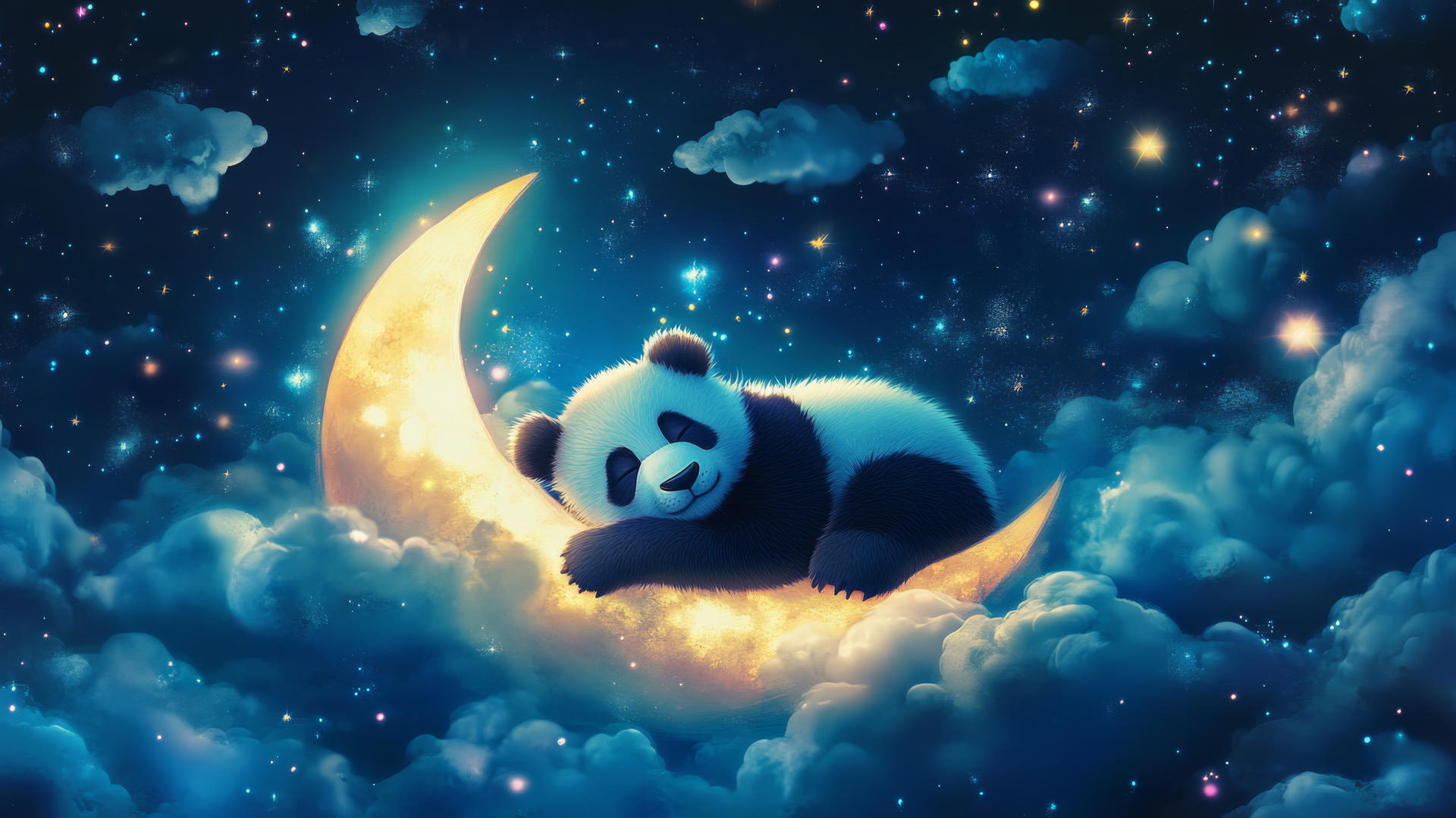 cute panda wallpaper 4k with a sleepy panda on a crescent moon, glowing stars, and pastel clouds
