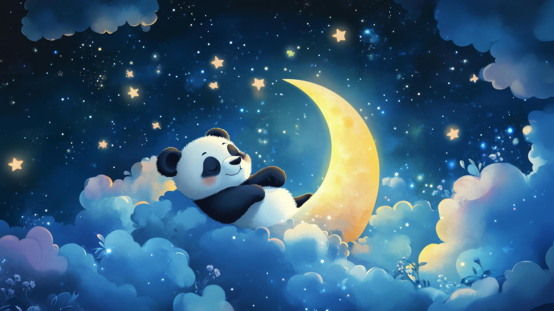 cute panda wallpaper 4k, a sleepy panda on a crescent moon with stars and pastel clouds