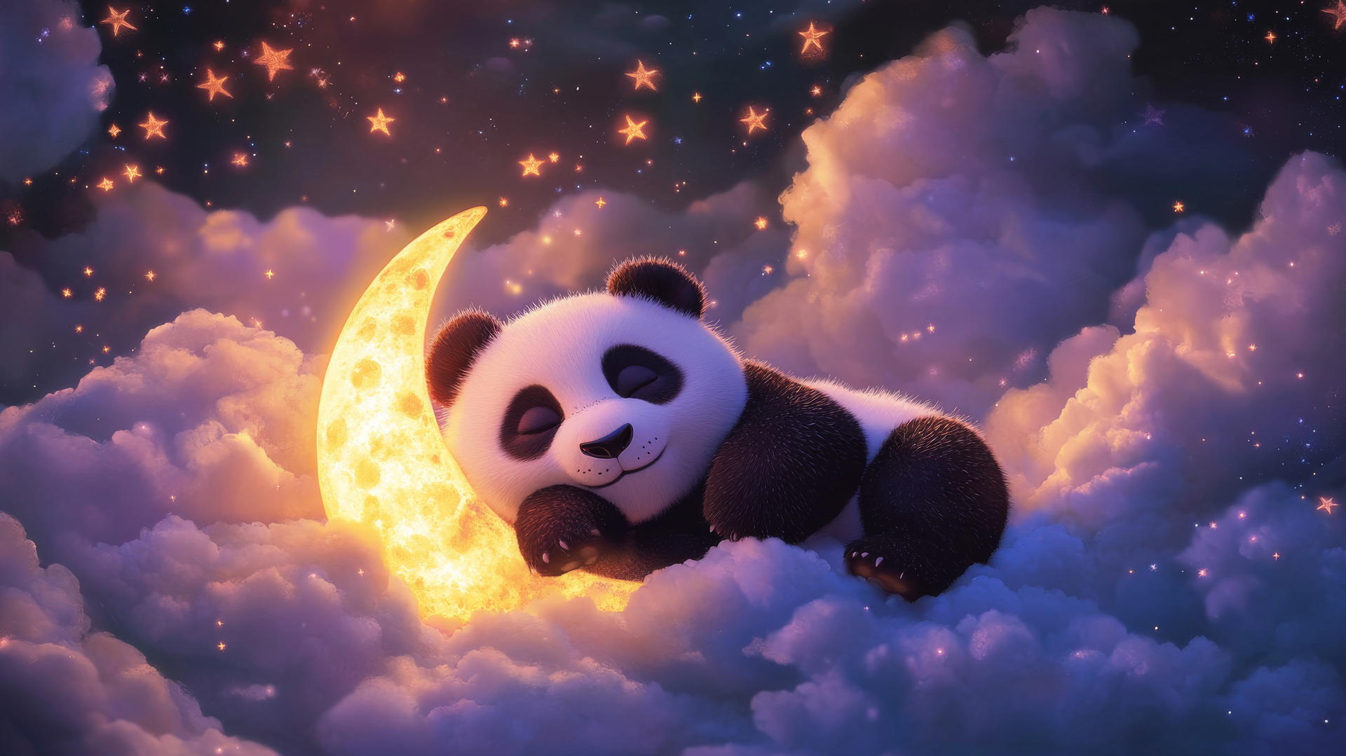 cute panda wallpaper 4k of a sleepy panda on a crescent moon with stars and clouds