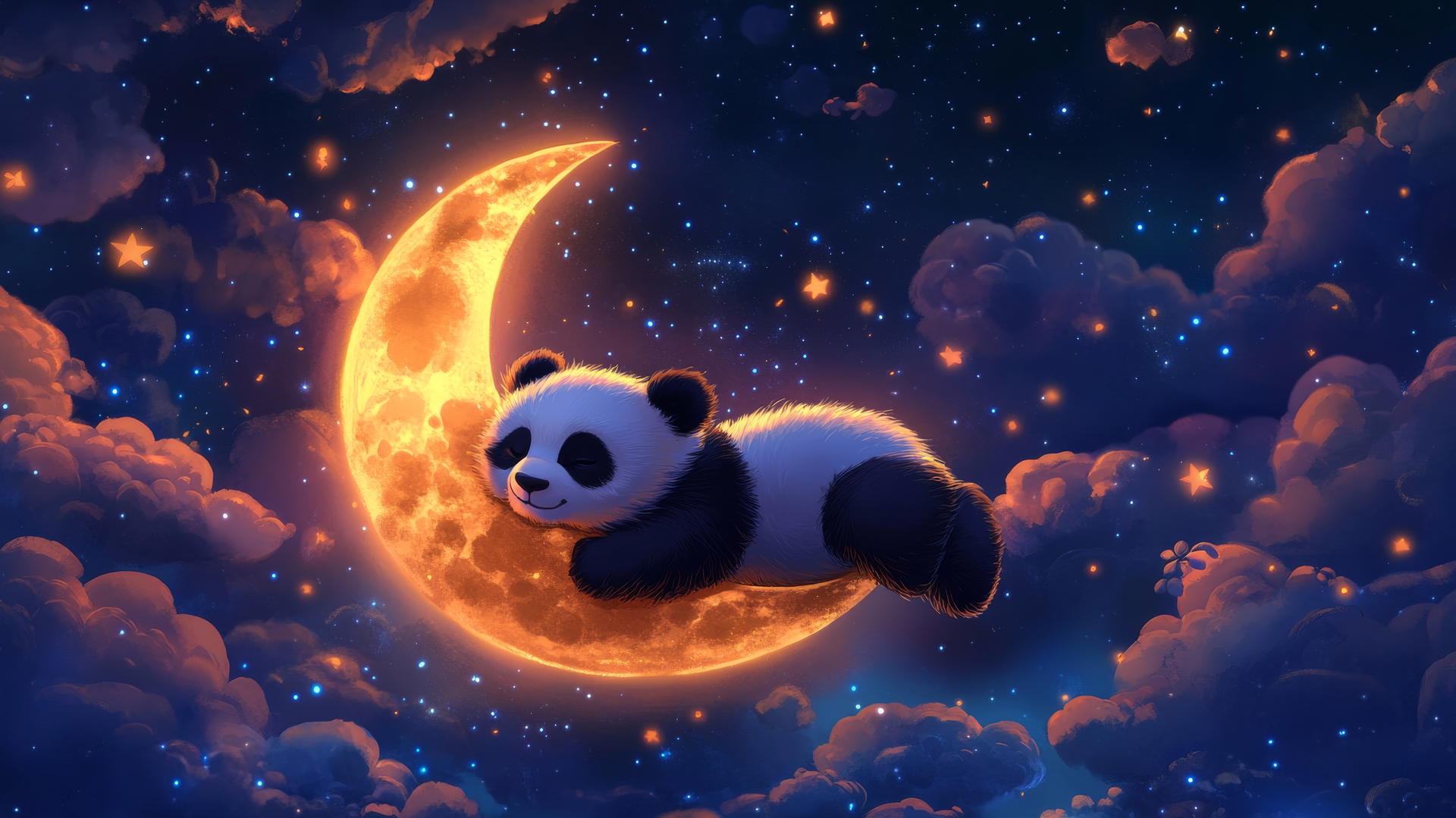 cute panda wallpaper 4k with a sleepy panda on a crescent moon, glowing stars, and pastel clouds.
