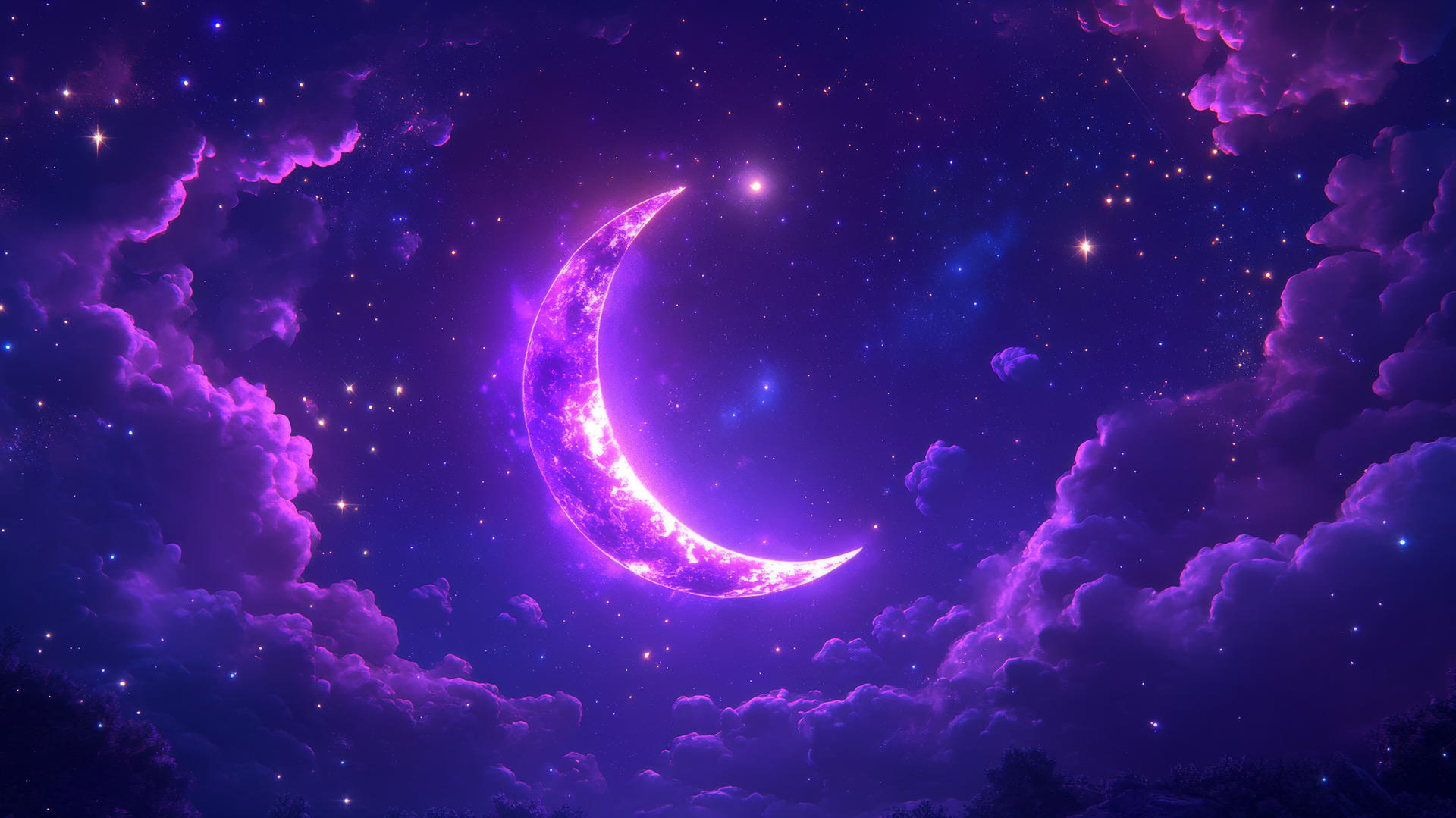 Neon purple aesthetic wallpaper with a glowing crescent moon, stars, swirling clouds, and light trails