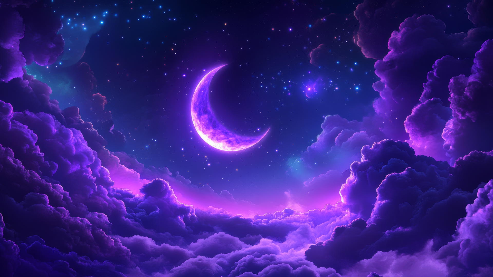 Neon purple aesthetic wallpaper with glowing crescent moon and stars