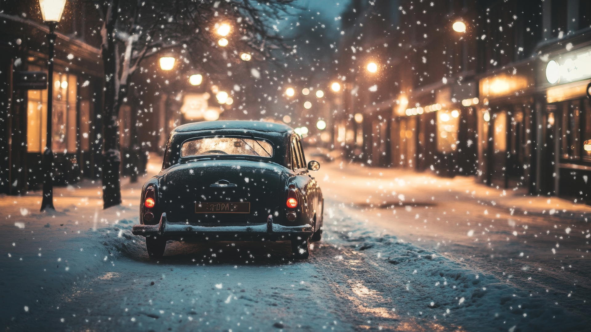 Aesthetic winter wallpaper of a vintage car on a snow-covered street with warm shop lights reflecting on icy ground