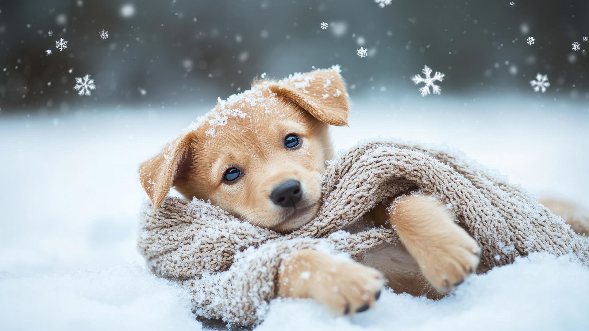 cute winter wallpaper with a playful puppy in a scarf rolling in snow