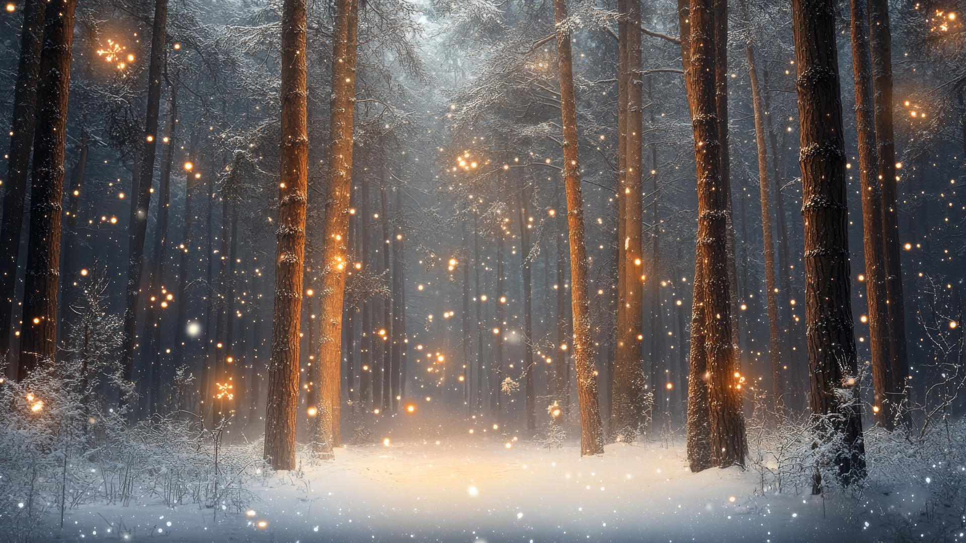 whimsical winter wonderland wallpaper with snow-draped trees and glowing fairy lights