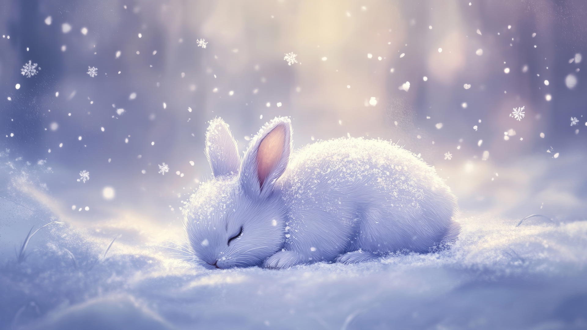 cute winter wallpaper of a sleepy bunny curled in snow with snowflakes