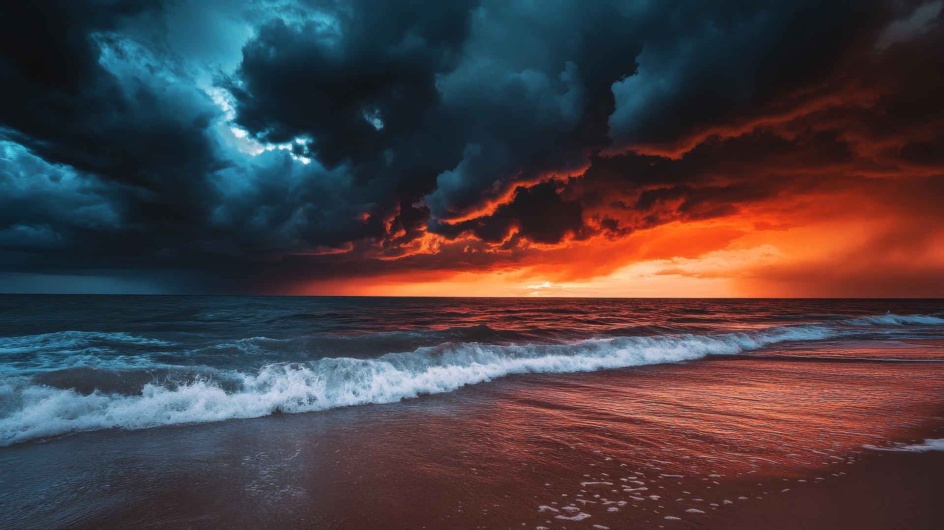 Beach wallpaper with dramatic stormy sunset and dark rolling clouds