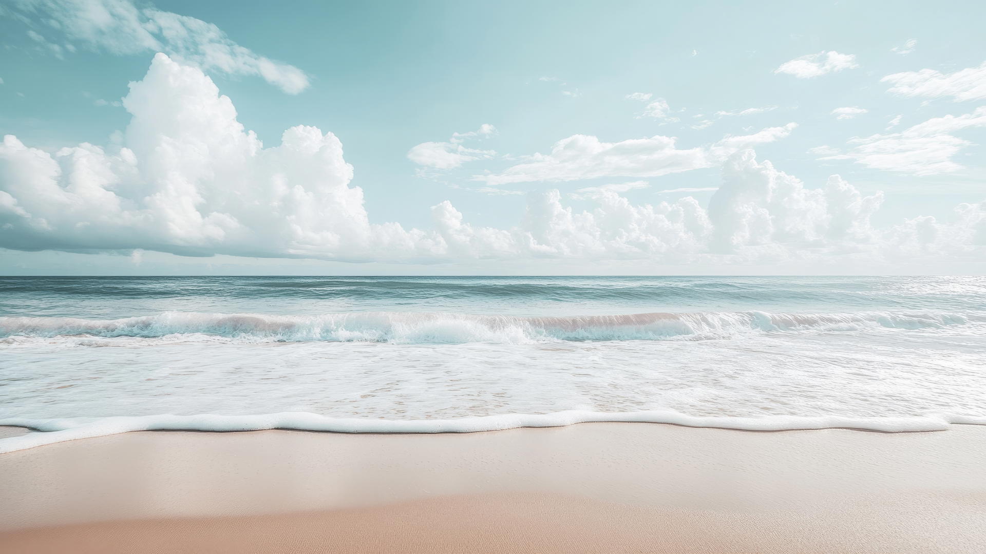 Minimalist beach wallpaper aesthetic with smooth sand, gentle waves under cloudy sky