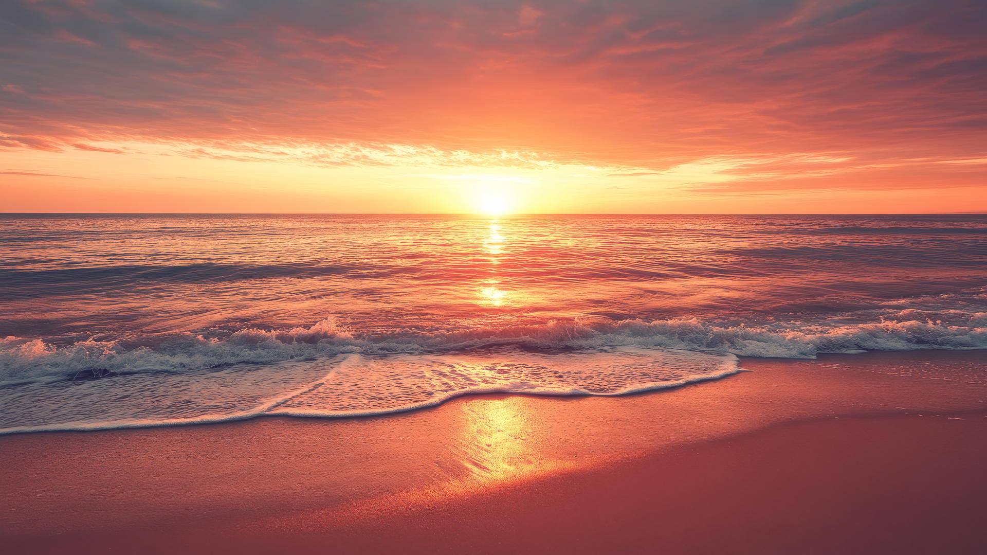 sunset background beach wallpaper with orange and pink sky, sun on horizon, gentle waves