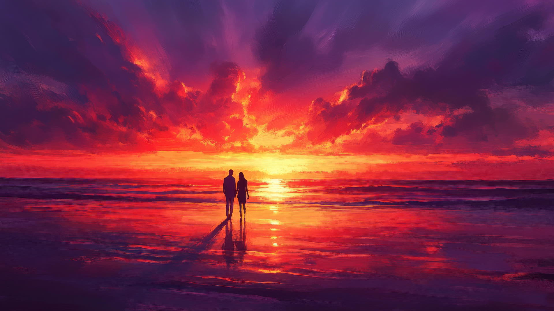 sunset background beach wallpaper with a couple walking hand in hand