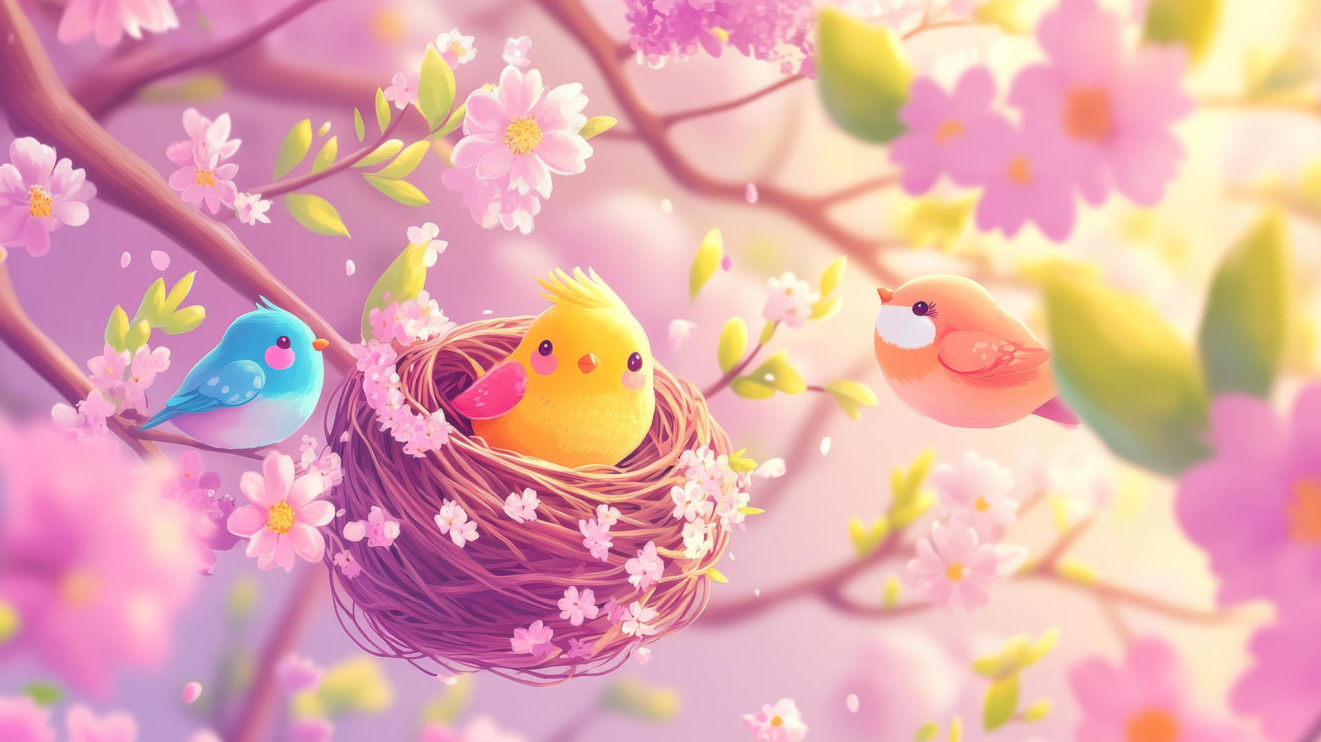 cute spring wallpaper with tiny birds in colorful nests and flowers