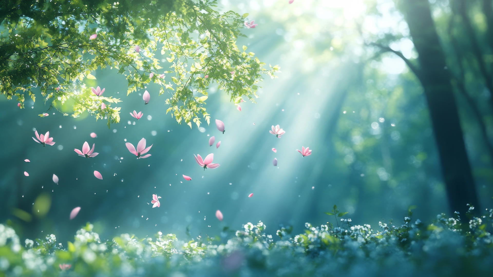 spring aesthetic wallpaper with sunlight in forest clearing