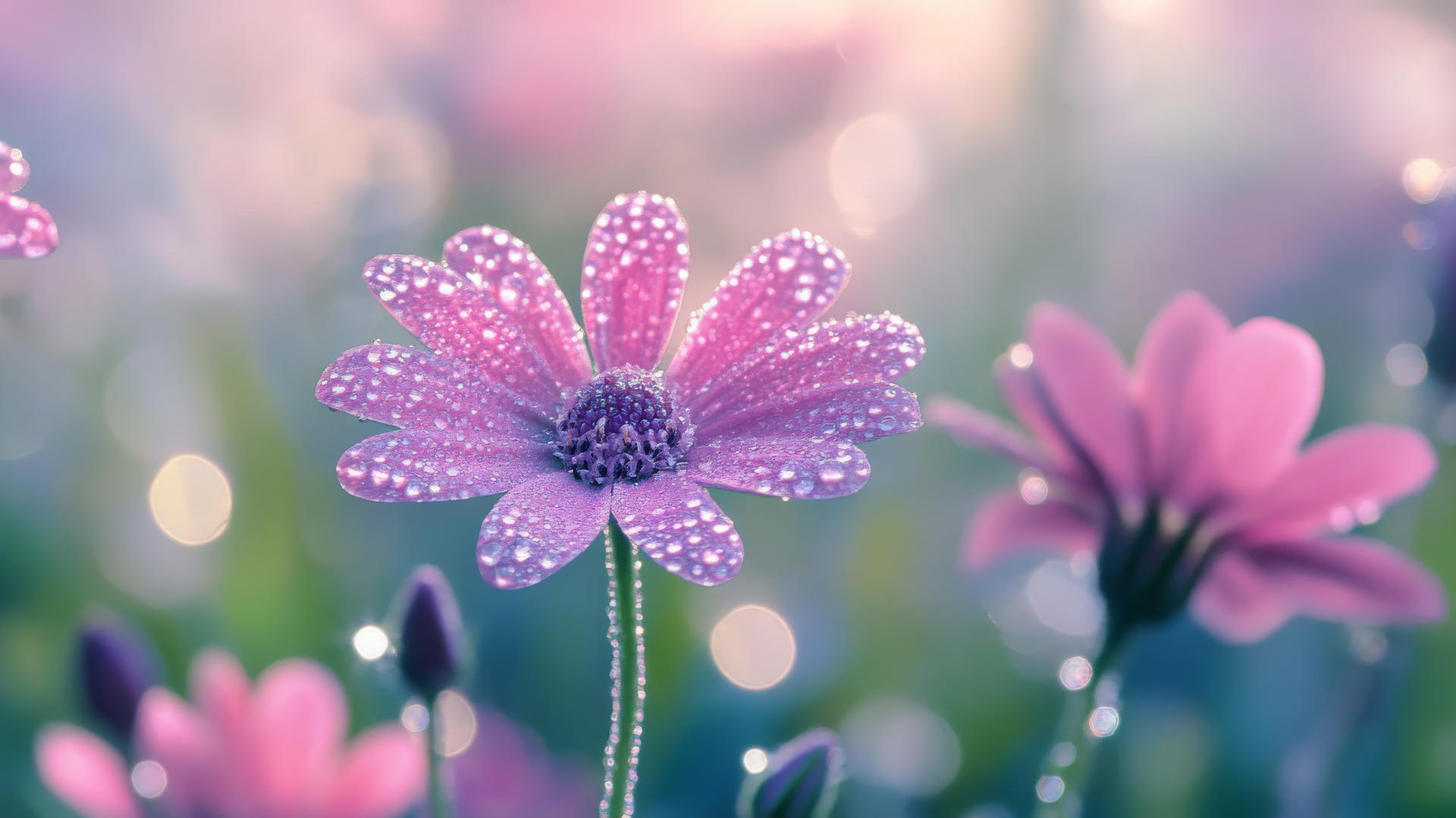 Spring flowers wallpaper with dew-covered petals in morning light.