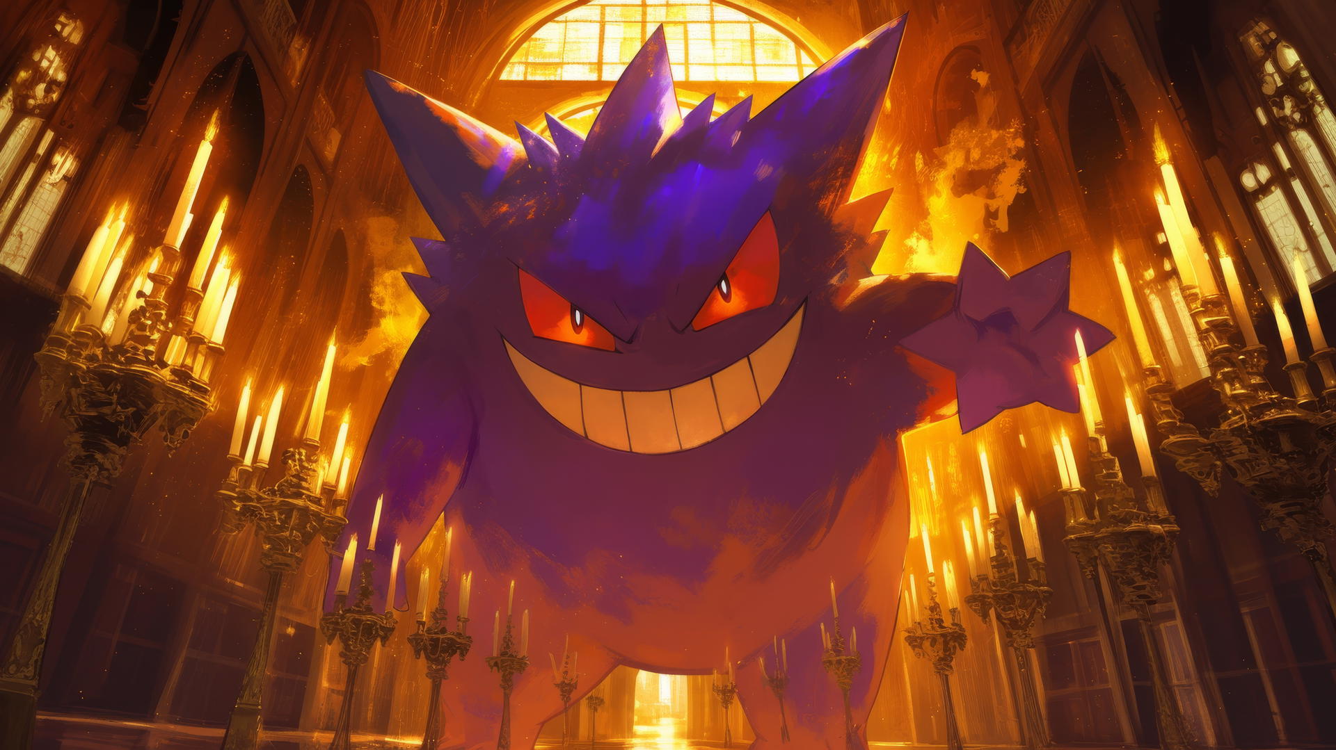 Gengar Pokemon as a gothic painting with dark architecture and candles