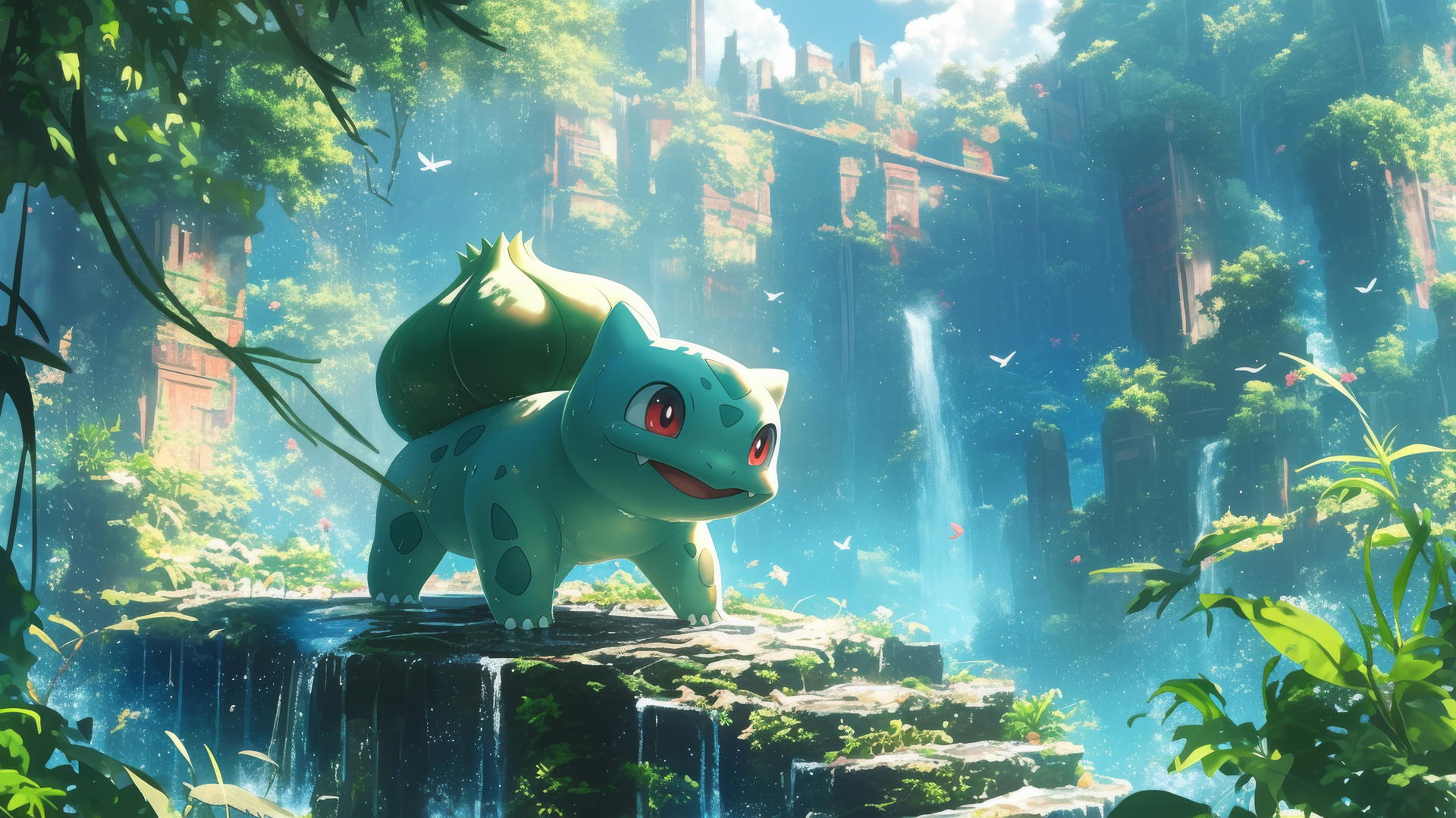 Pokemon Bulbasaur jumping over stepping stones in a lush tropical rainforest with waterfalls.