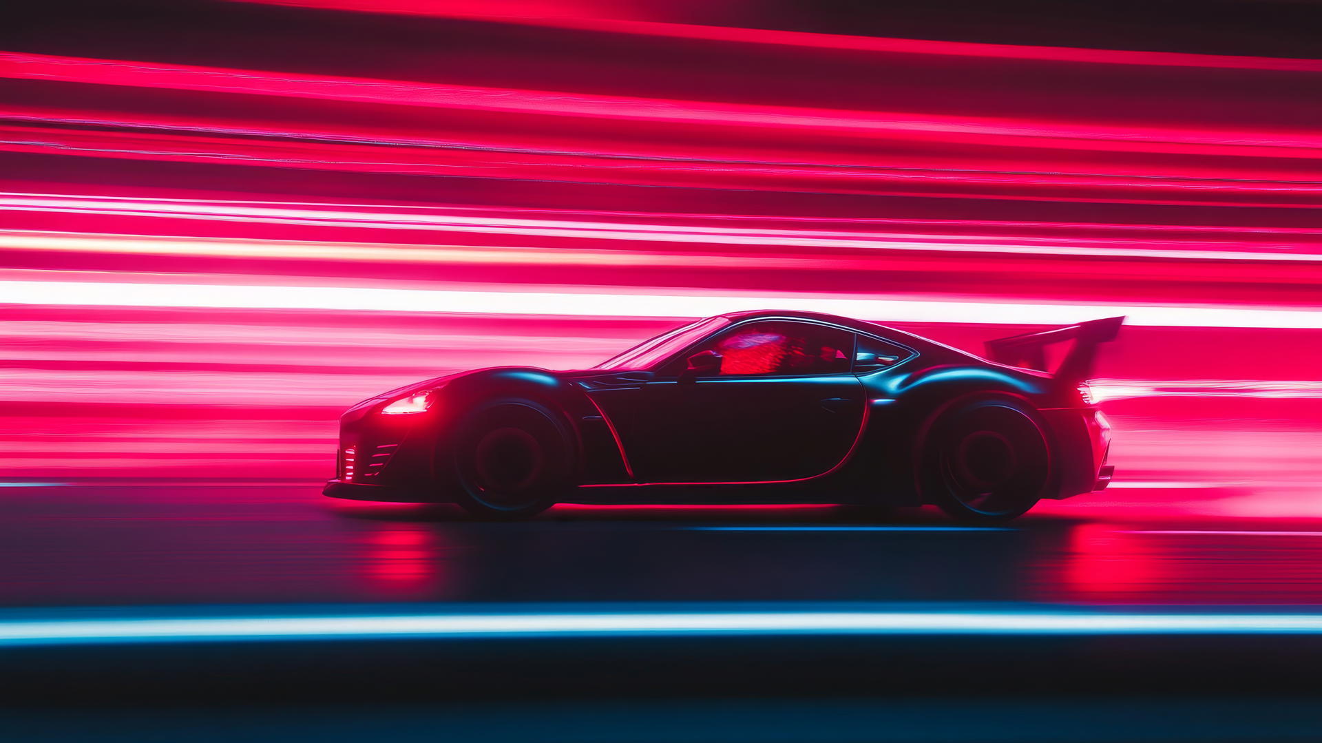 fierce sports car speeding on neon-lit highway at night, cool wallpapers for boys