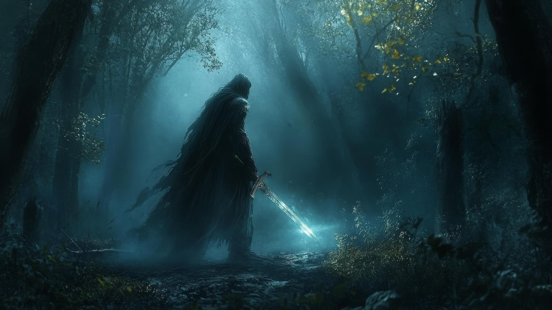 Cool wallpapers for boys: Mysterious warrior with glowing sword in dark, misty forest