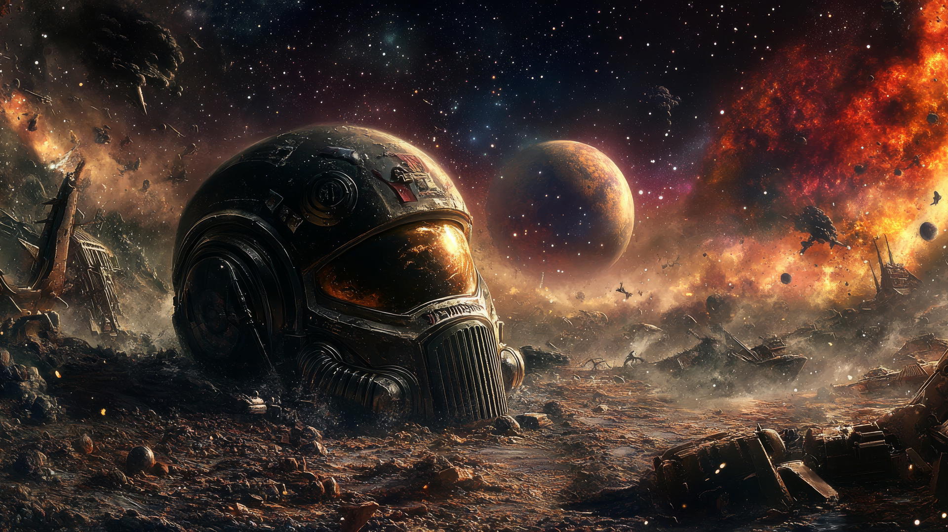 A detailed space marine helmet on a battlefield with futuristic weapons and debris under a starry sky and distant planets. Cool wallpapers for boys.