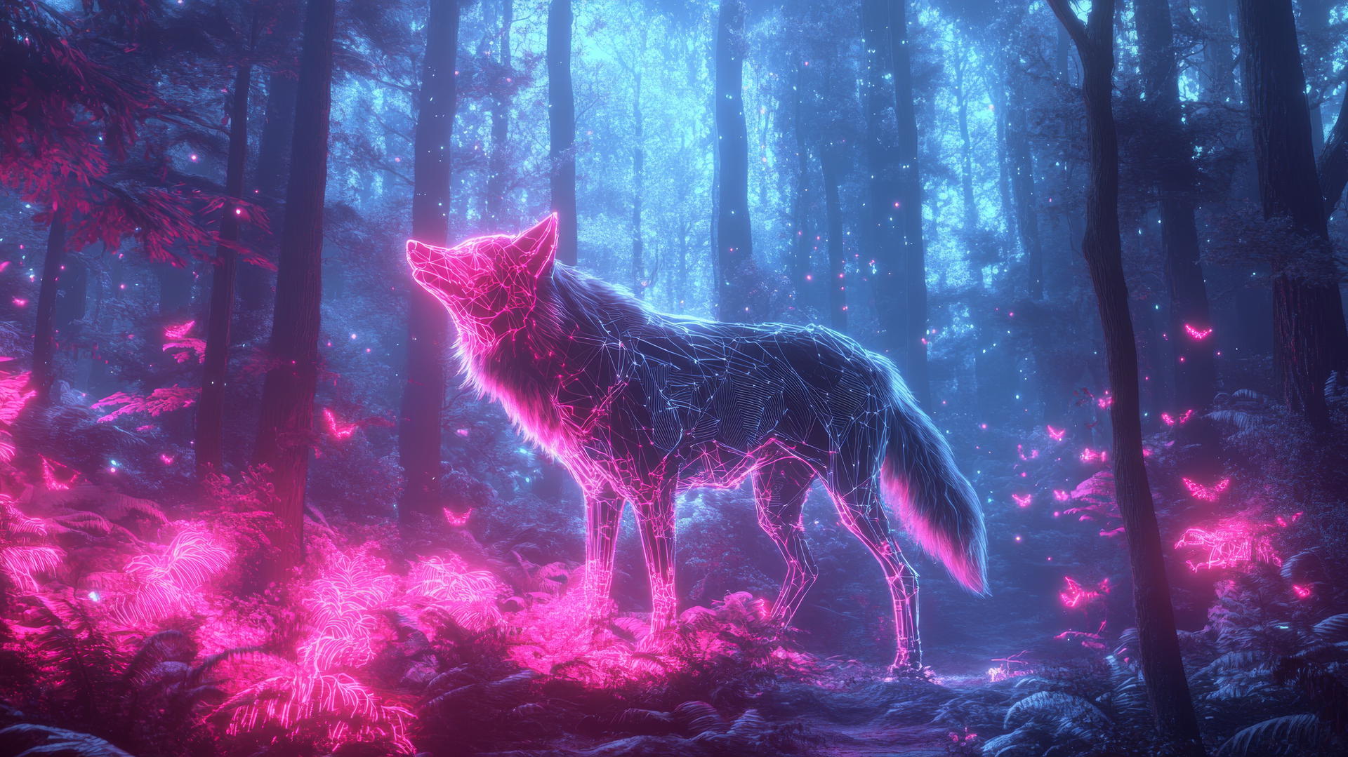 A glowing wolf with cybernetic enhancements howling in a futuristic forest, surrounded by neon trees and digital fireflies, cool wallpapers for boys