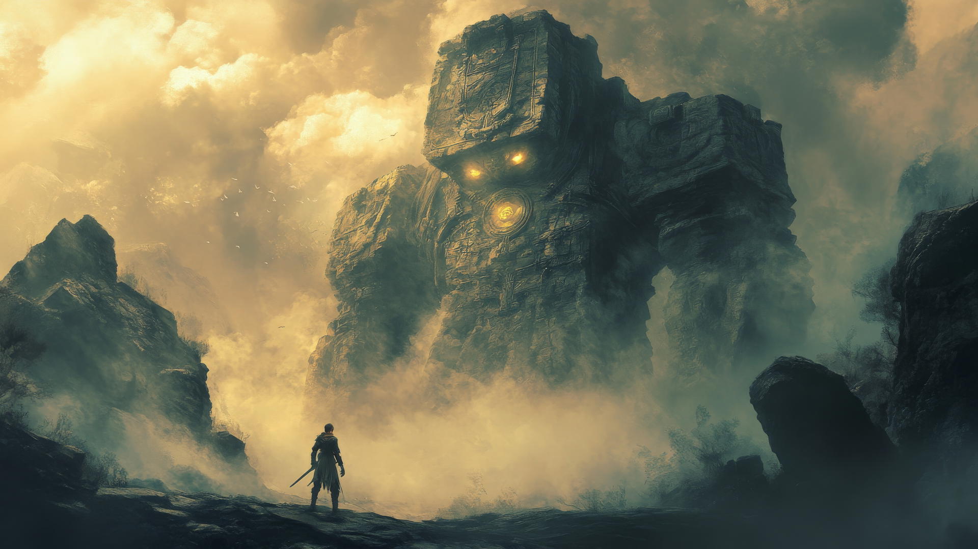 cool wallpapers for boys: young warrior in front of colossal stone golem with glowing runes