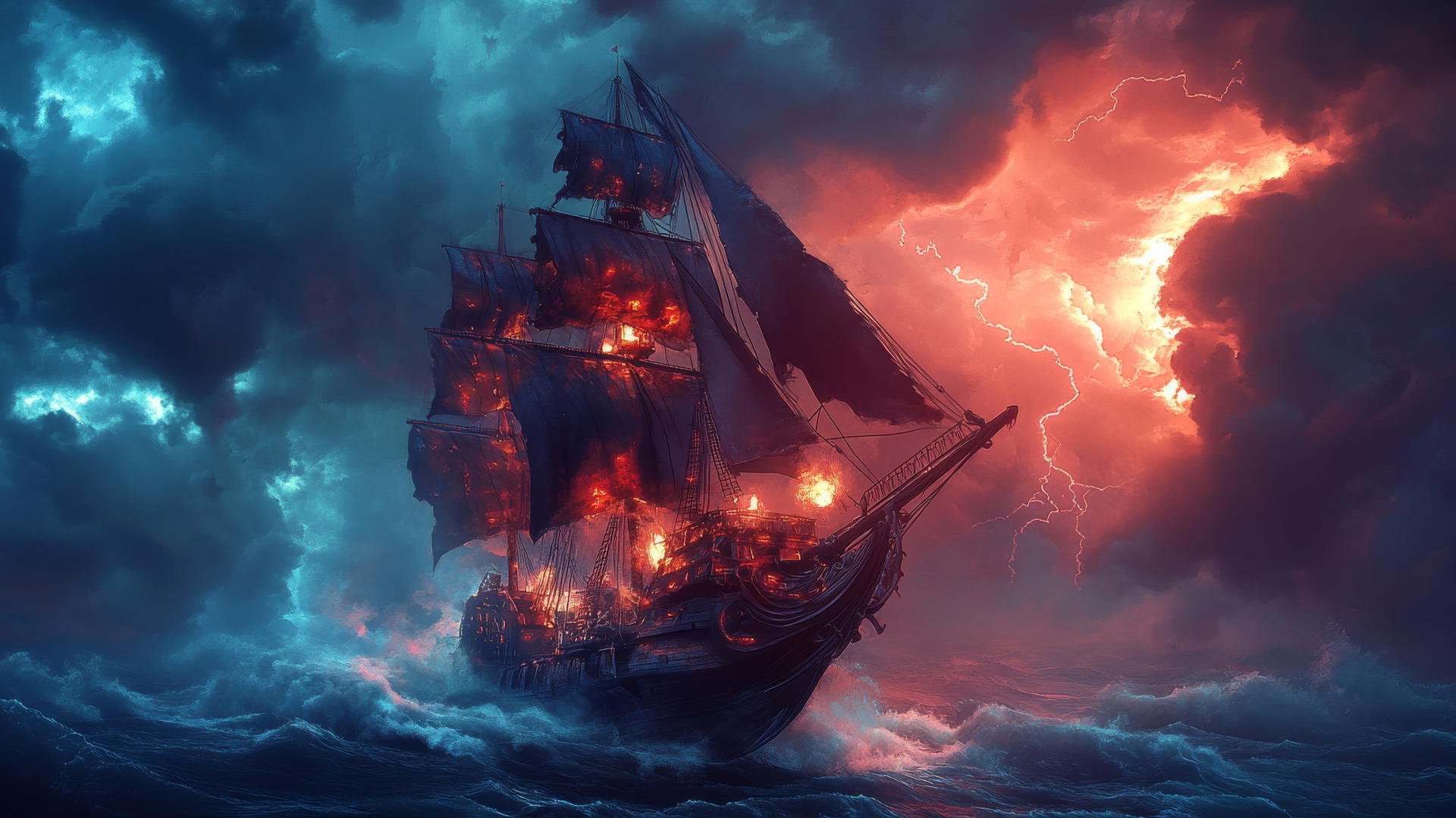 Futuristic pirate ship with glowing sails in stormy sky steered by robotic crew