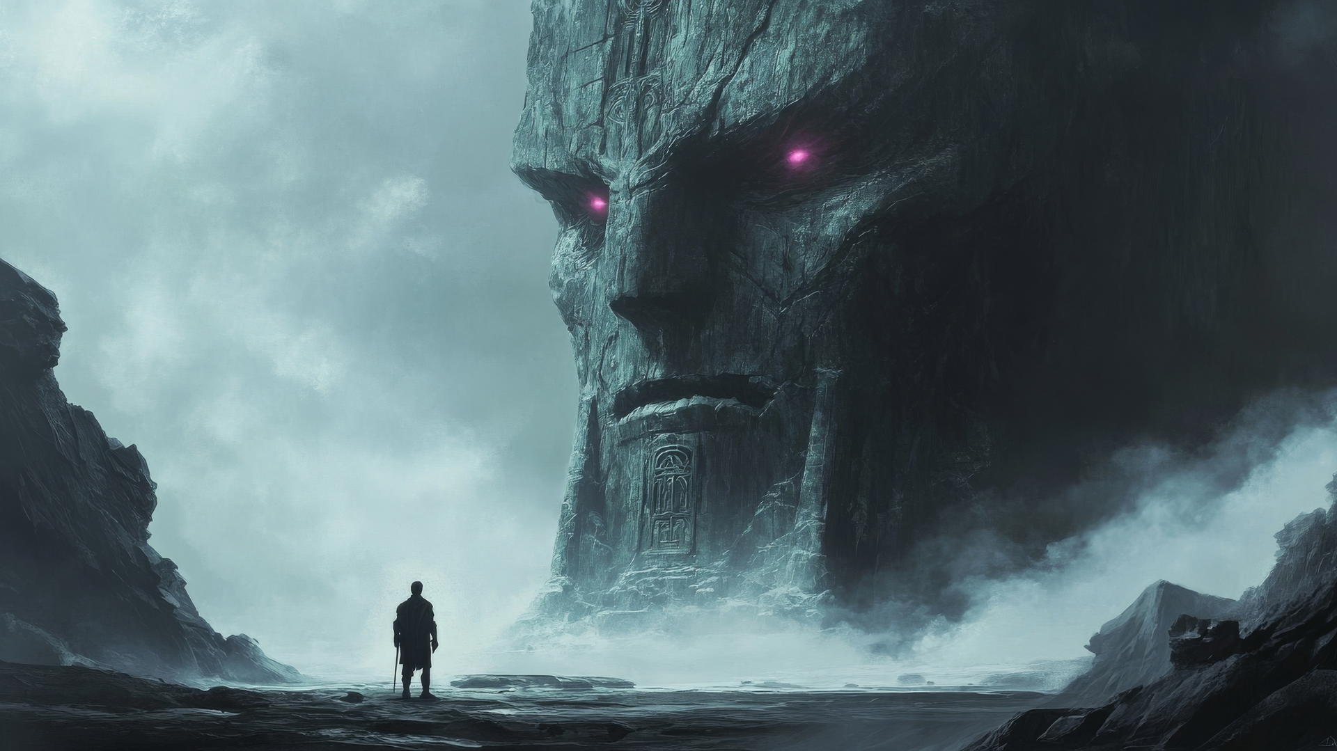 Young warrior faces colossal stone golem with glowing runes in dark fantasy scene.