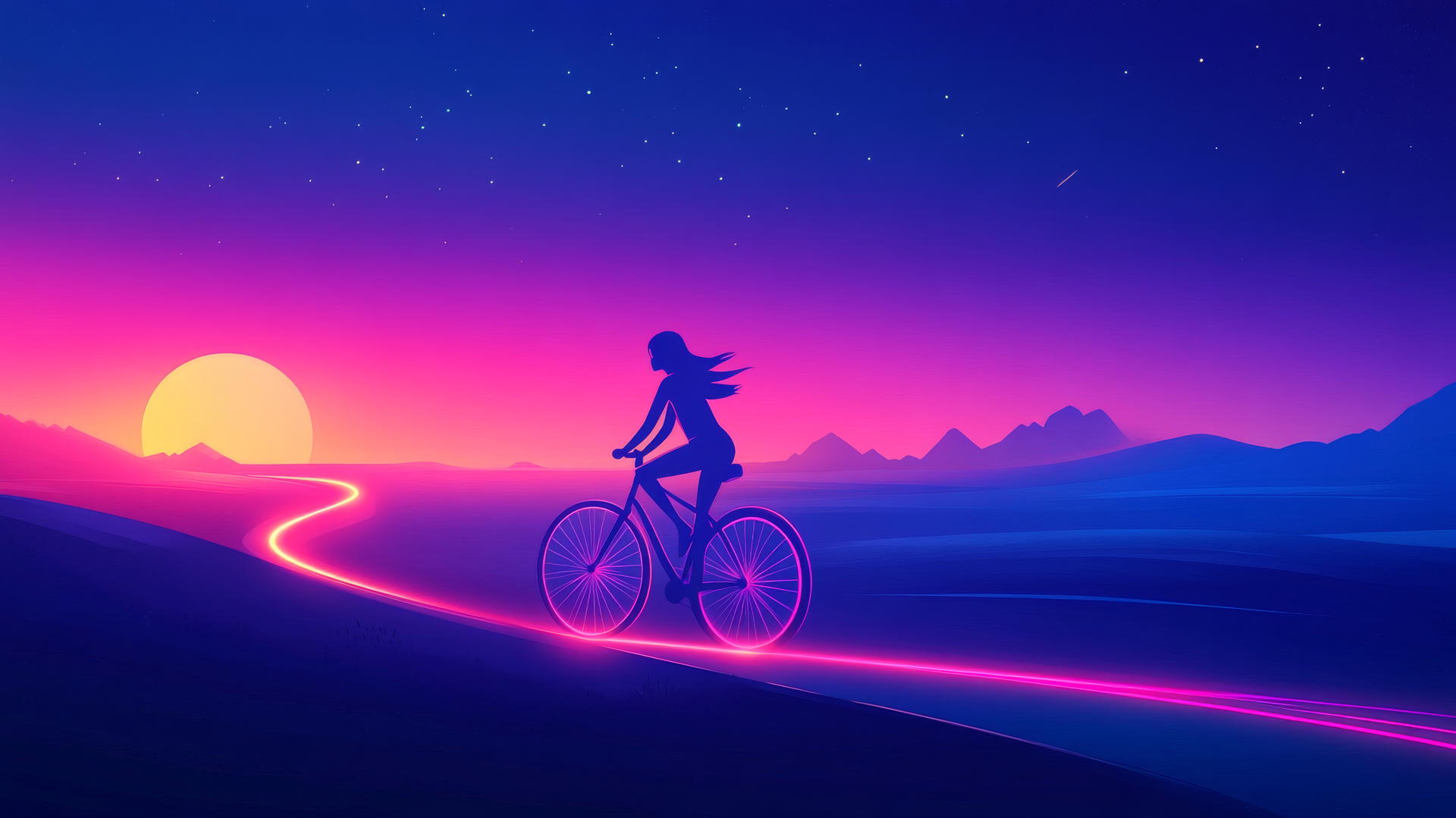 Girl riding a glowing bicycle with neon light under gradient sky