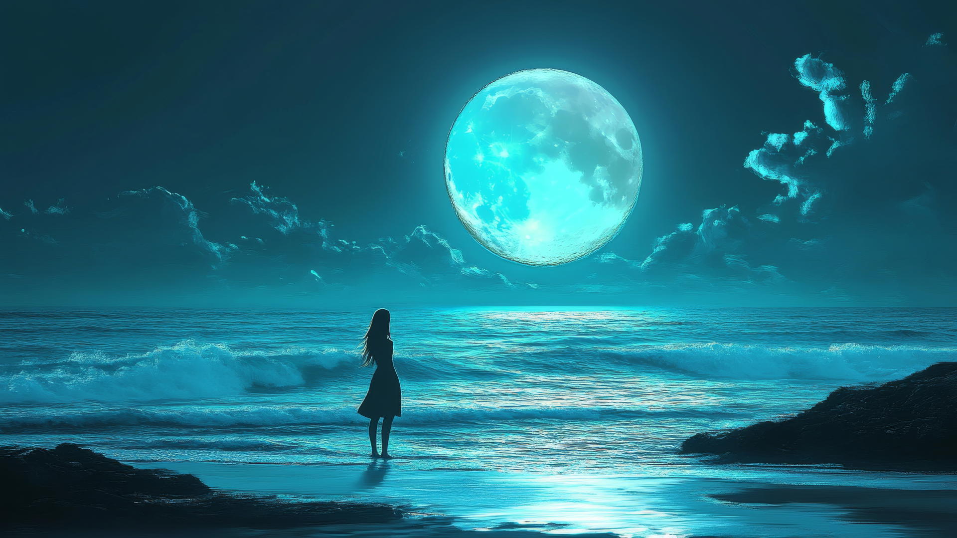 Silhouette of a girl by the sea with a glowing moon above