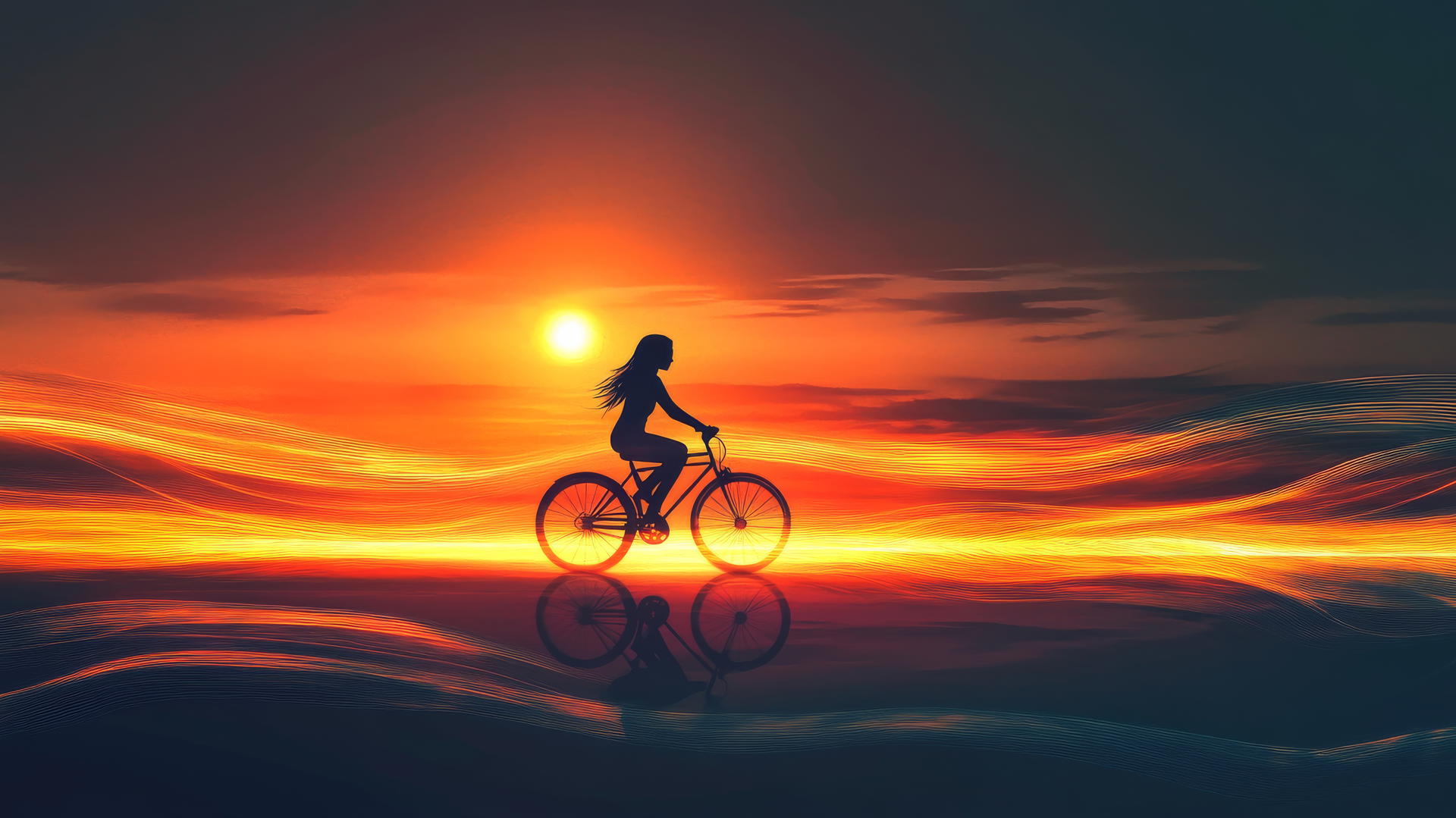 Girl riding bicycle on glowing path, sunset gradient background.
