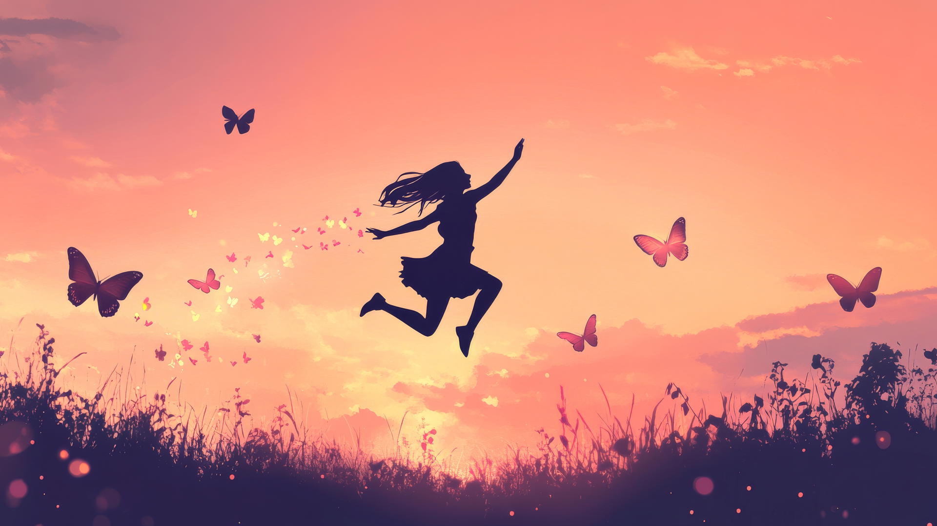 Minimalist outline of a girl jumping with glowing butterflies trailing against pastel sky