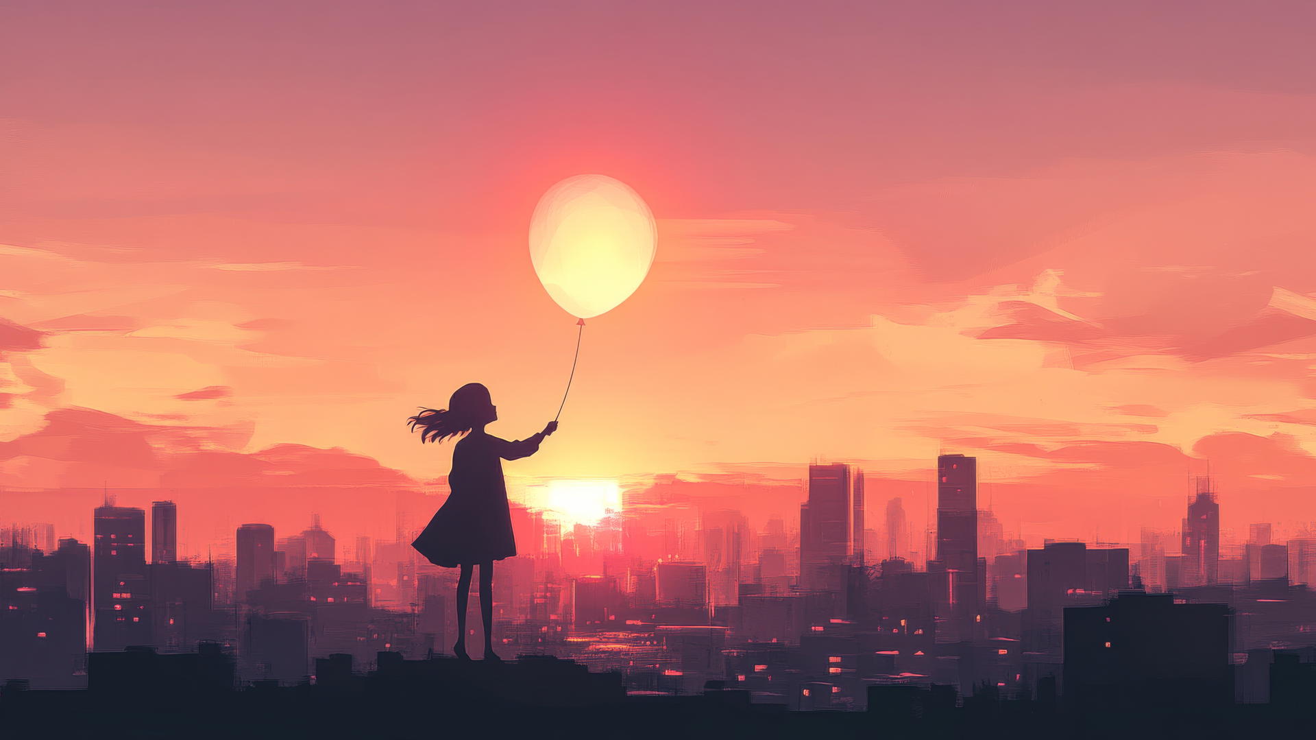 Silhouette of girl holding glowing balloon above geometric cityscape
