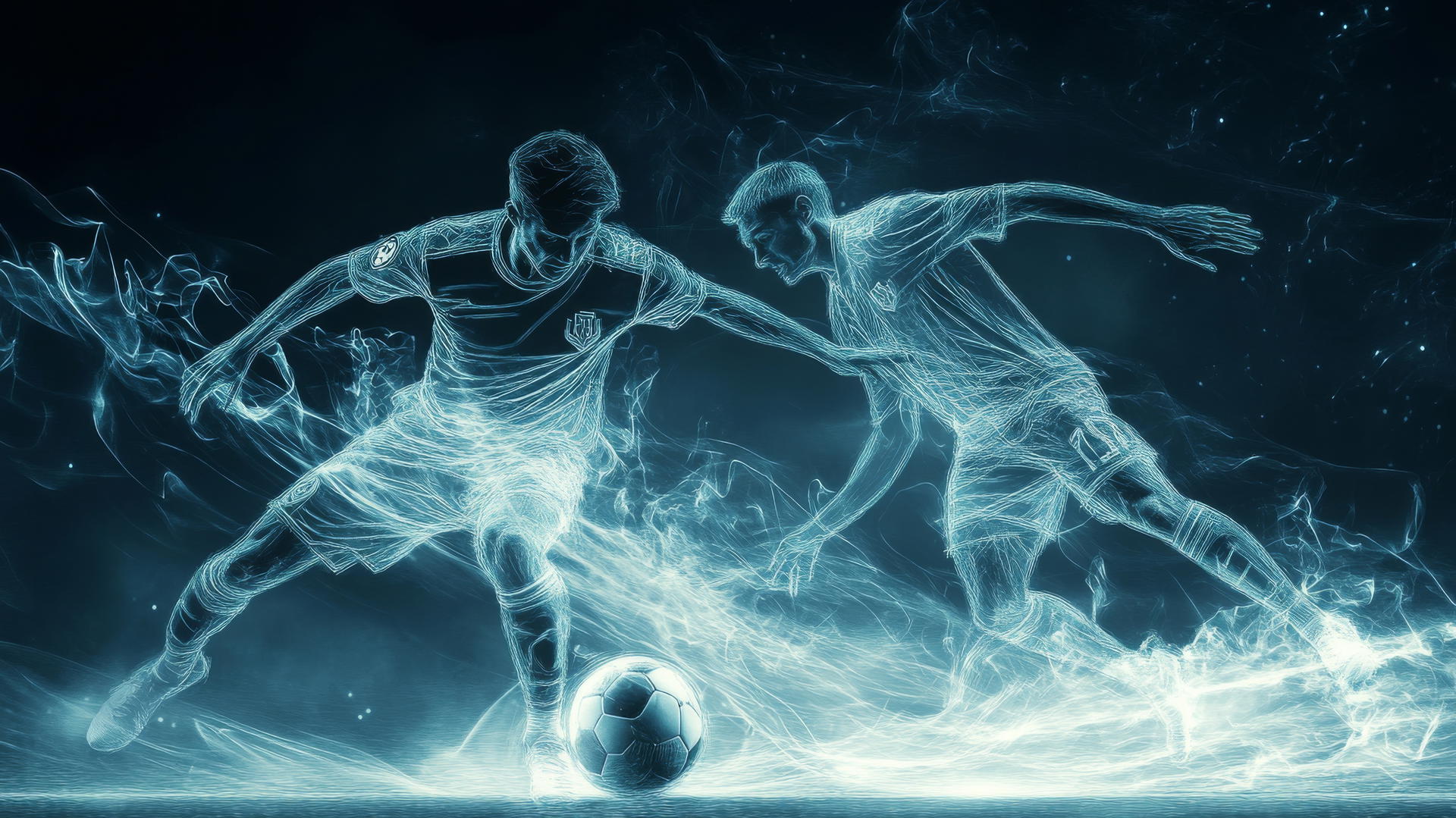 Two soccer players battle for possession with a glowing ball and motion lines.