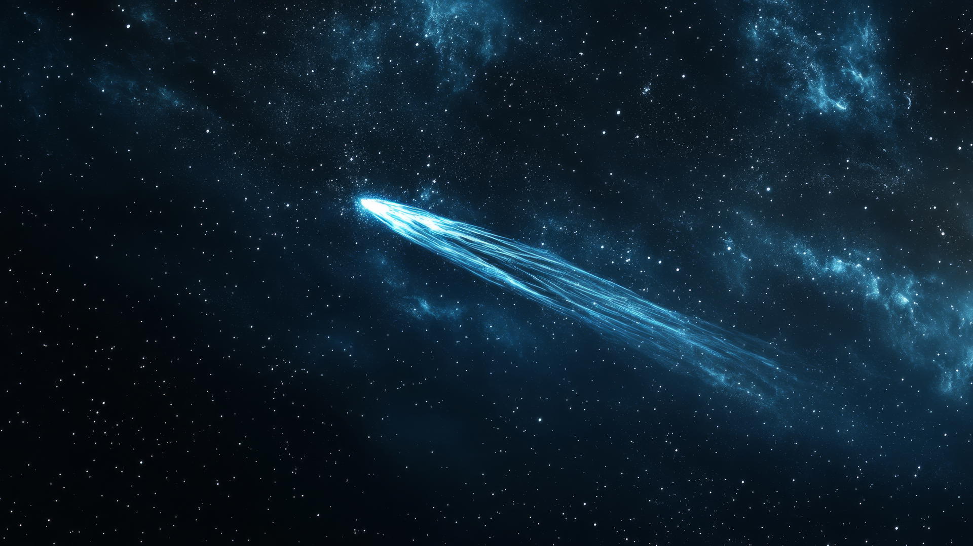 Minimalist glowing comet streaking across dark starry sky