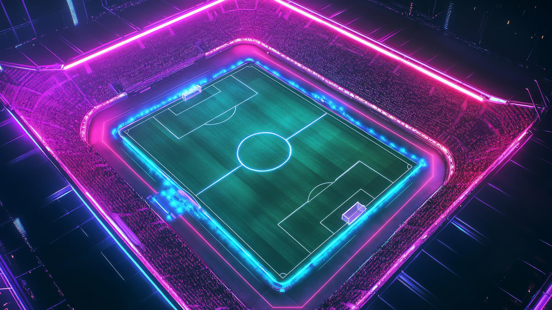 Geometric rendering of soccer stadium with glowing pitch lines and neon crowd lights.