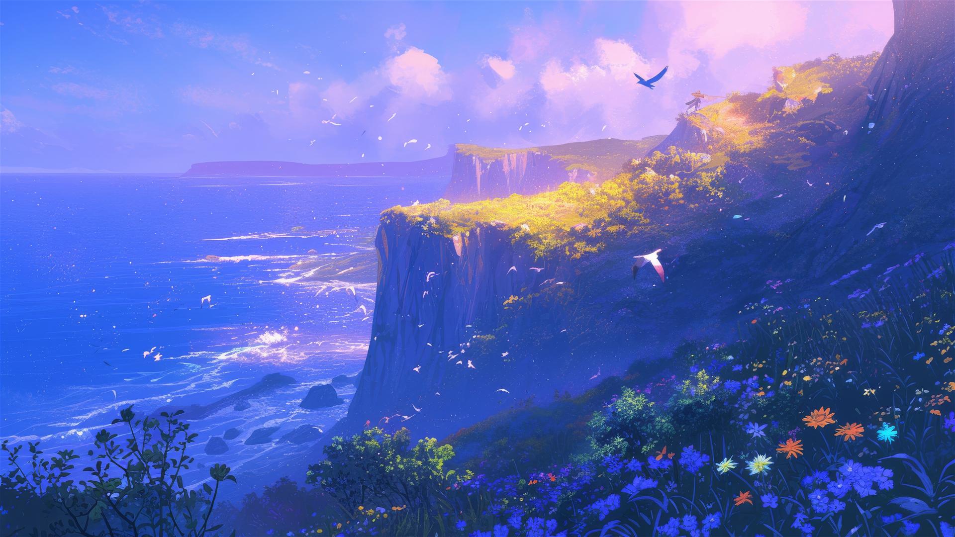 Ghibli-style cliff, dawn, wildflowers, sea mist, mythical birds