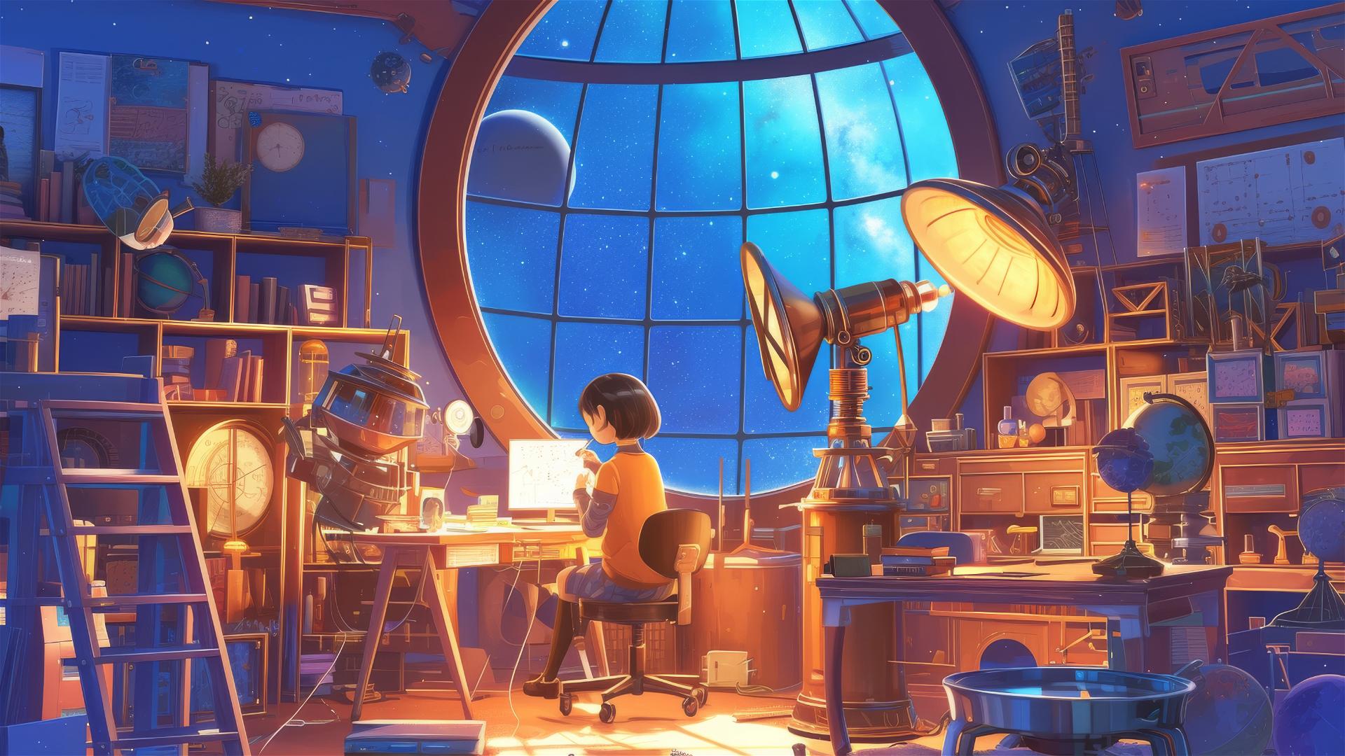 Anime characters in a Ghibli-style observatory watching stars.