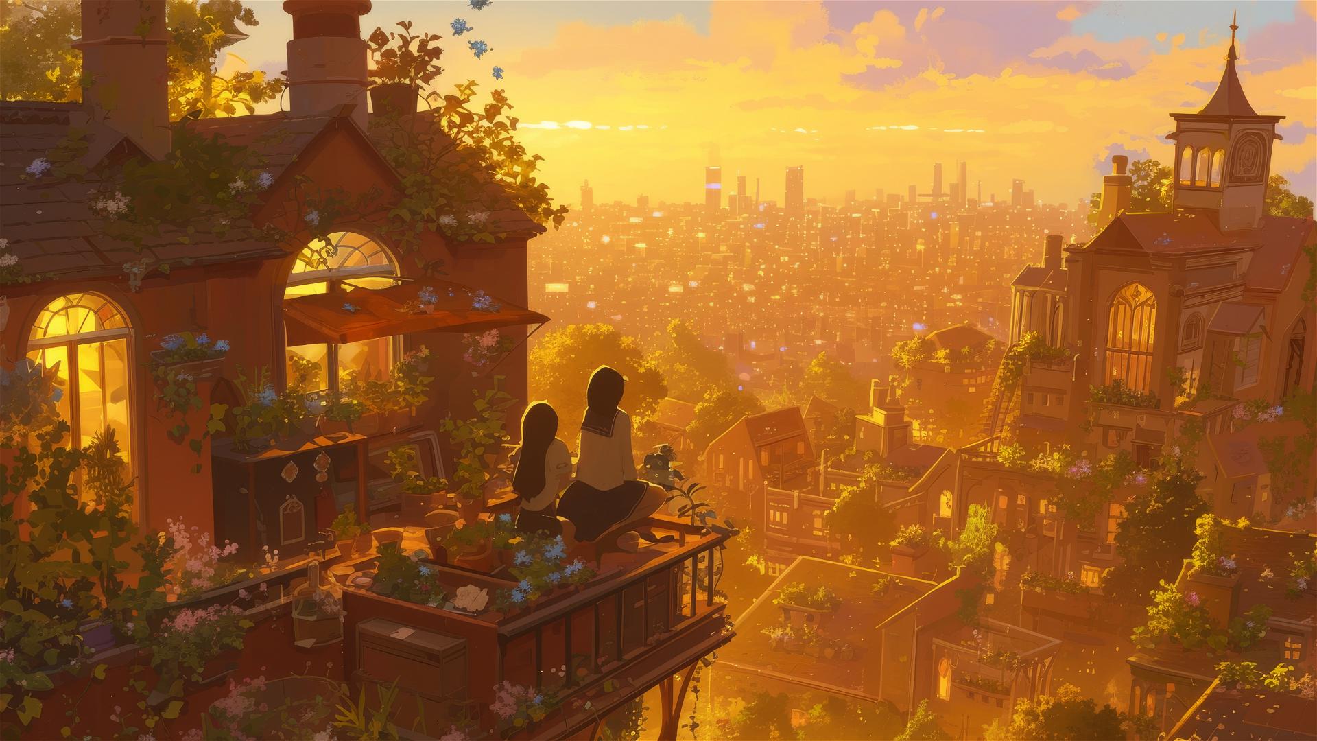 Anime rooftop scene with characters, gardens, and skyline at dusk.