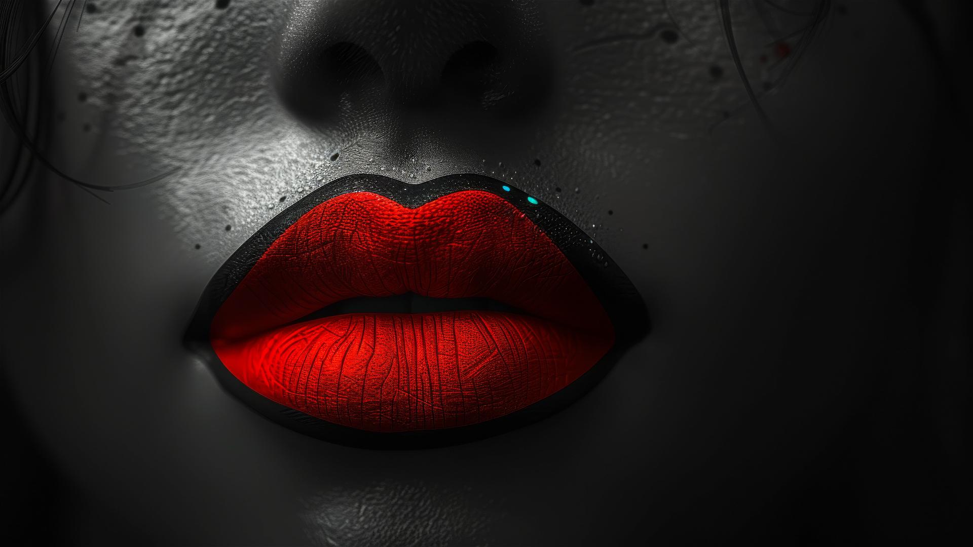 Cartoon mask with colorful eyes, red lip, minimalist black and red background.