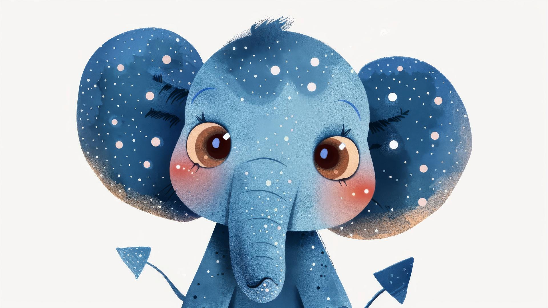Pixar-style blue elephant with whimsical details on white background