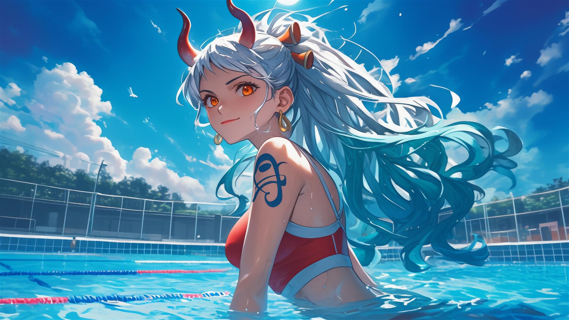 Yamato from One Piece in pool under moonlight with orange eyes