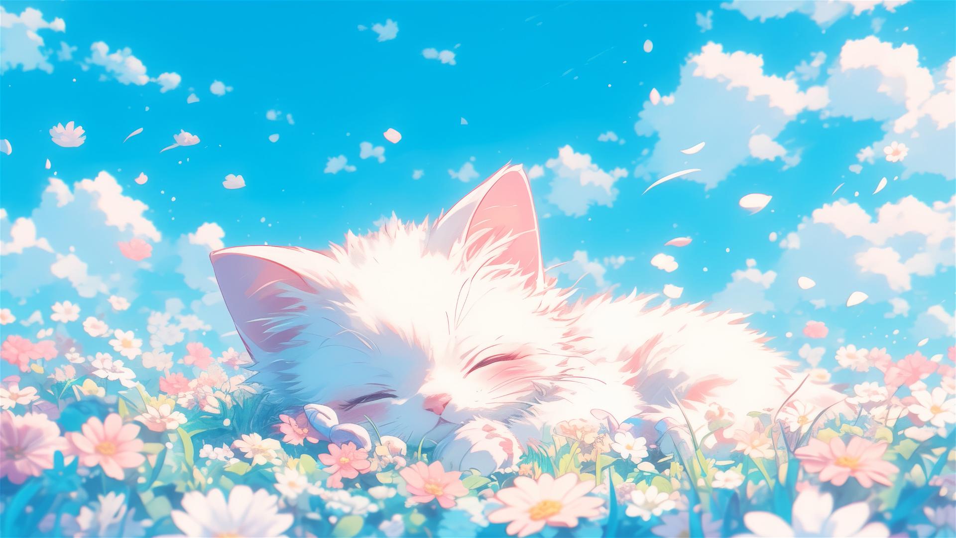 Colorful panoramic view with cute British Shorthair sleeping amid flowers