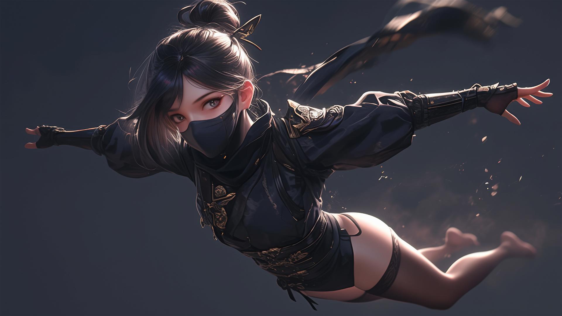 Ninja girl with short hair and masked face in dynamic pose with thigh focus and spotlight effect