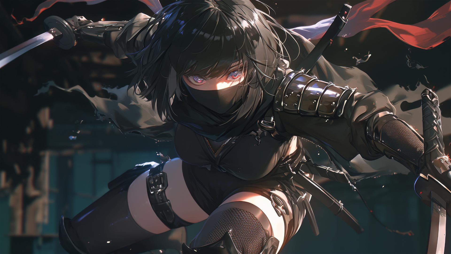 Ninja girl with short hair and masked face in a dynamic pose with thigh focus and spotlight effect on dark background