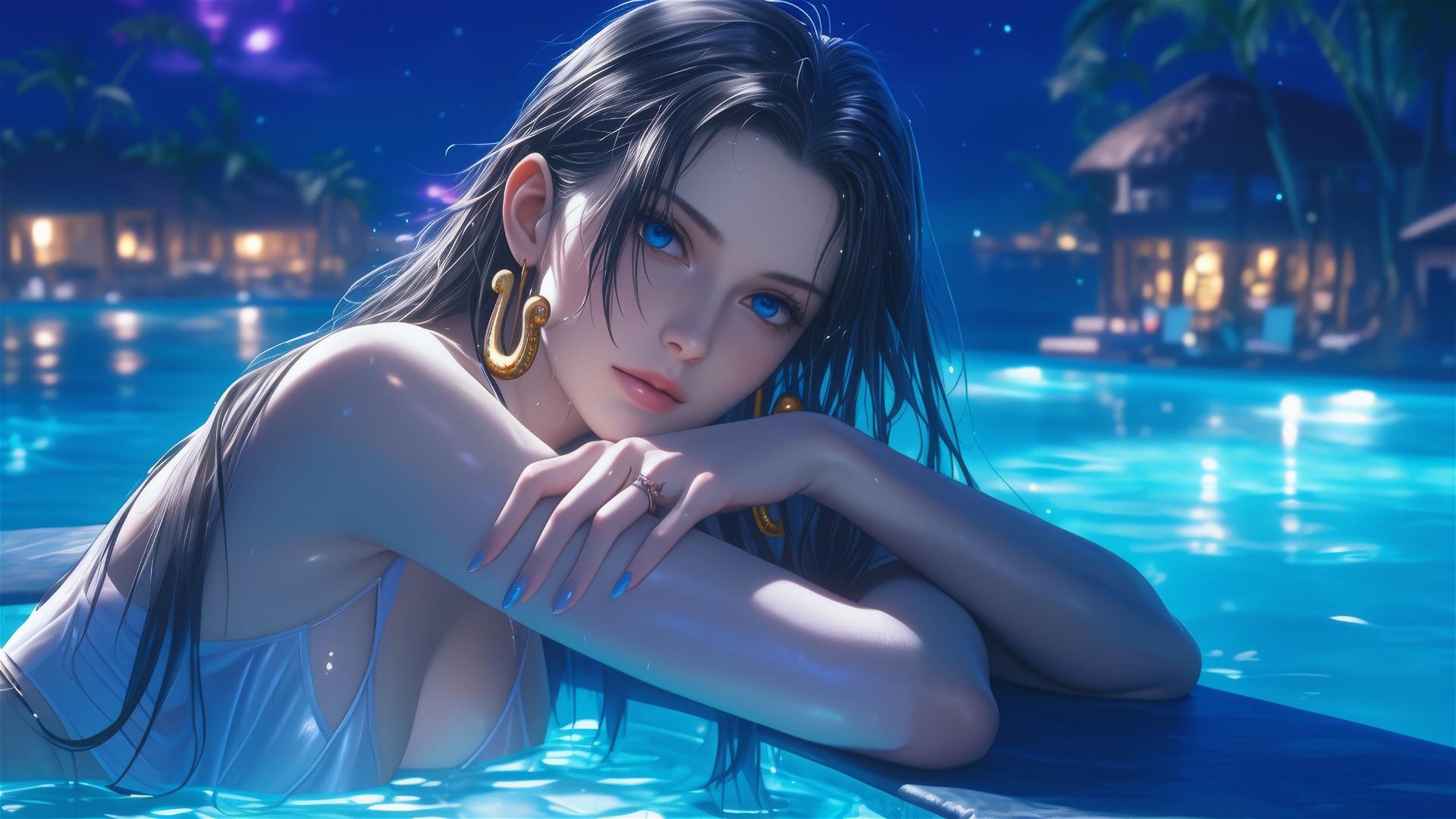 Boa Hancock from One Piece, leisurely resting by the swimming pool, the moon light casting a soft glow on her figure