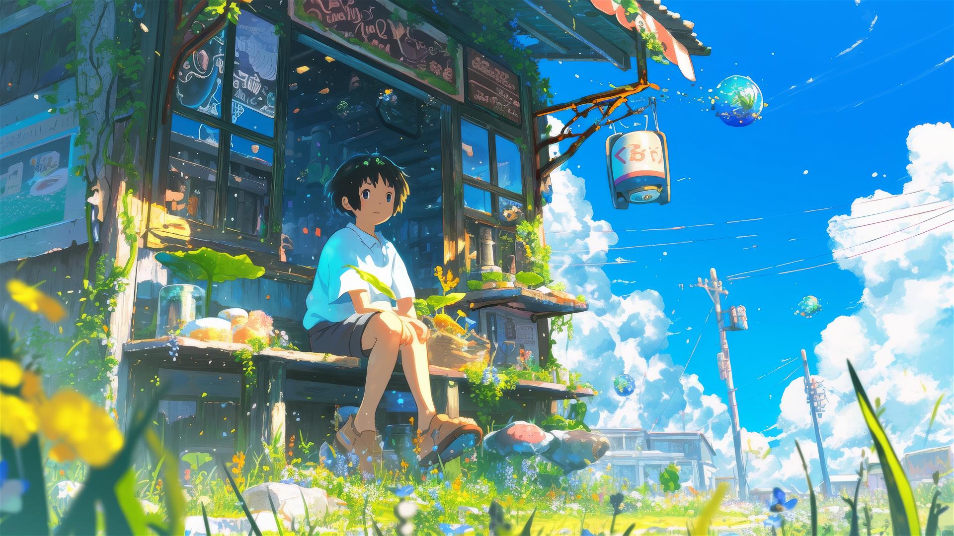 Ghibli-style scene with magic and technology blending.