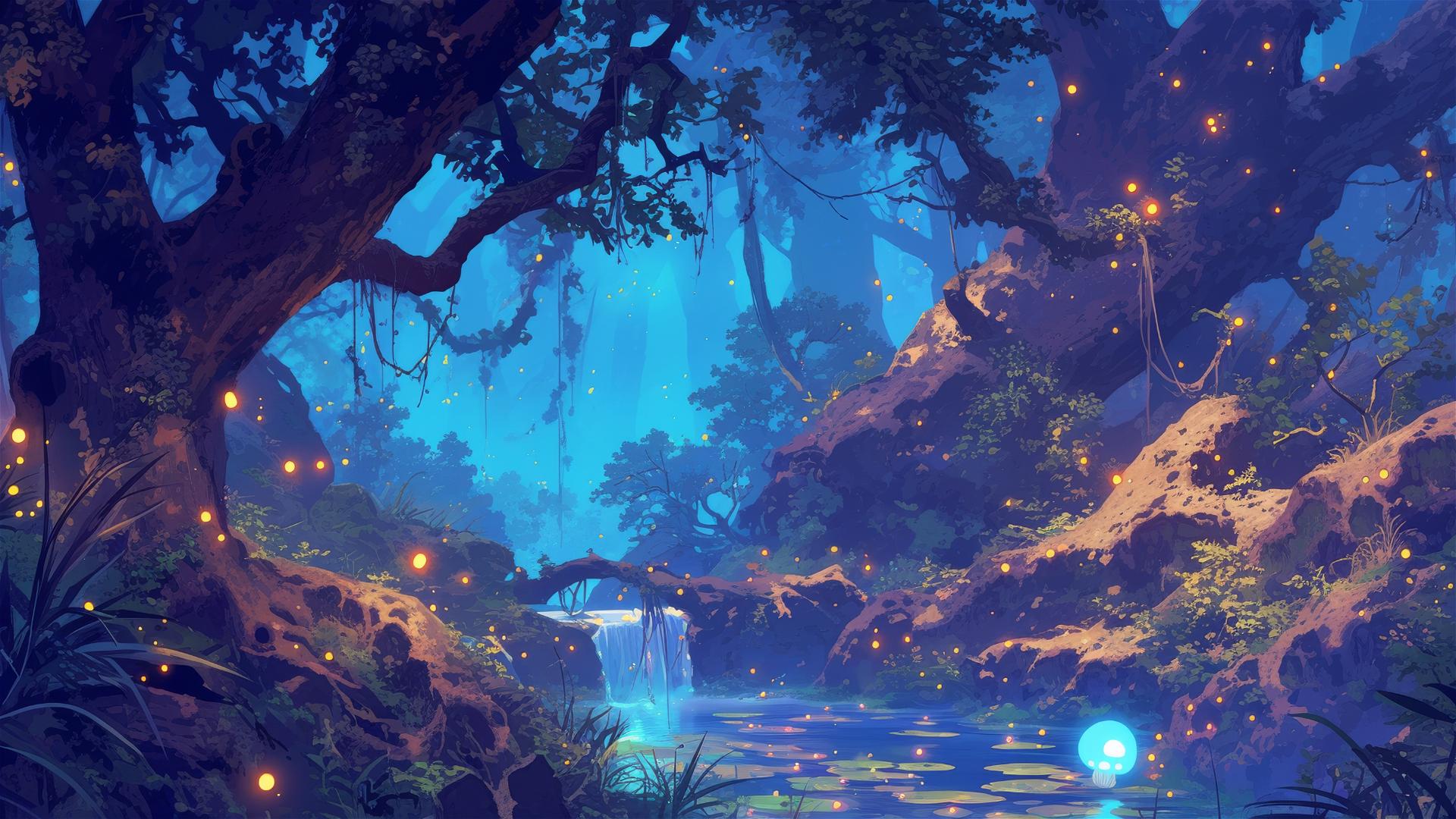 Enchanted forest at twilight, aglow with fireflies and spirits, Studio Ghibli style.