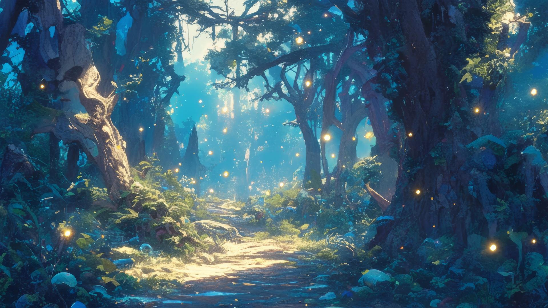 Ghibli-style enchanted forest path with fireflies