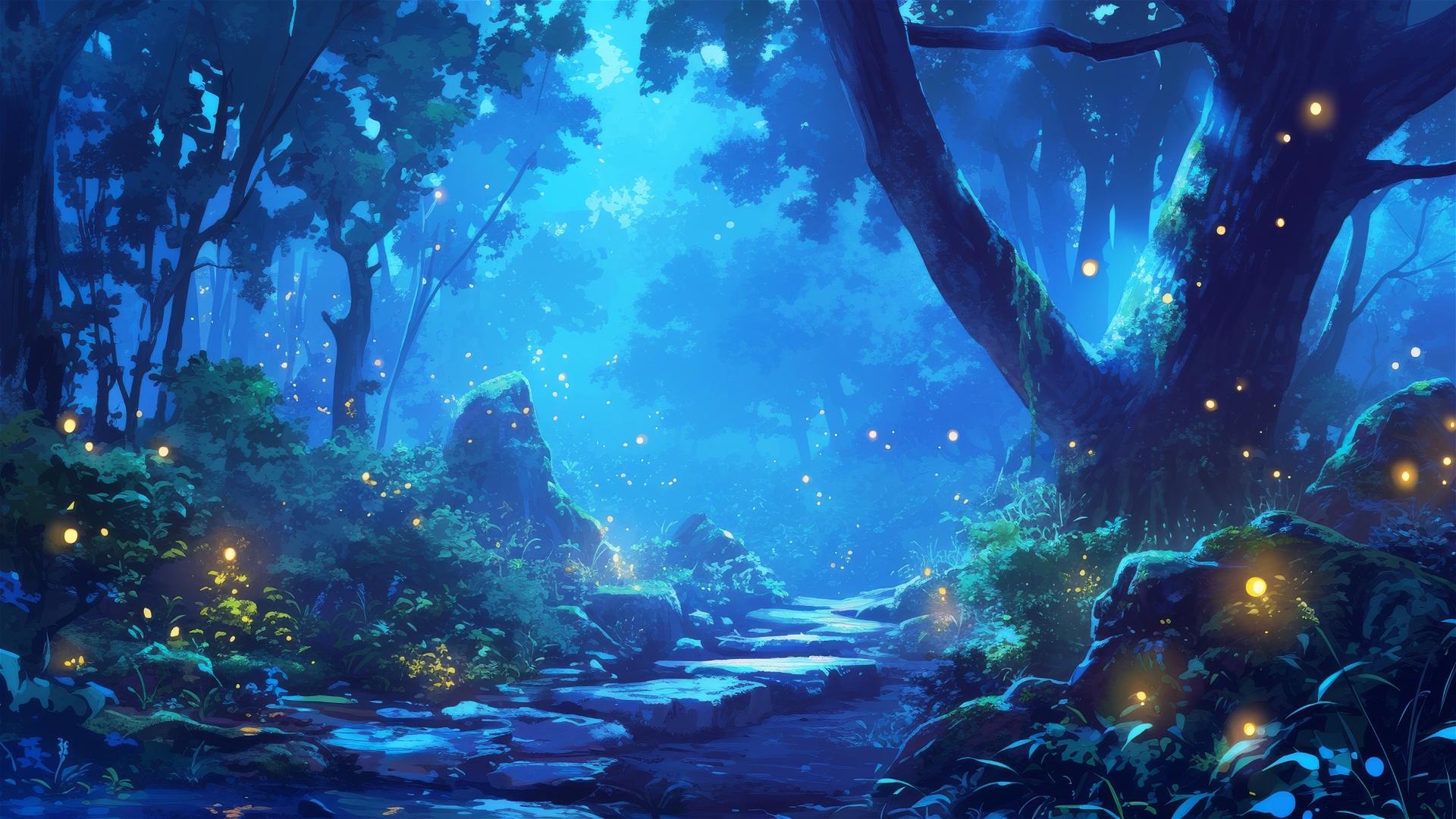 Ghibli-style enchanted forest path with fireflies