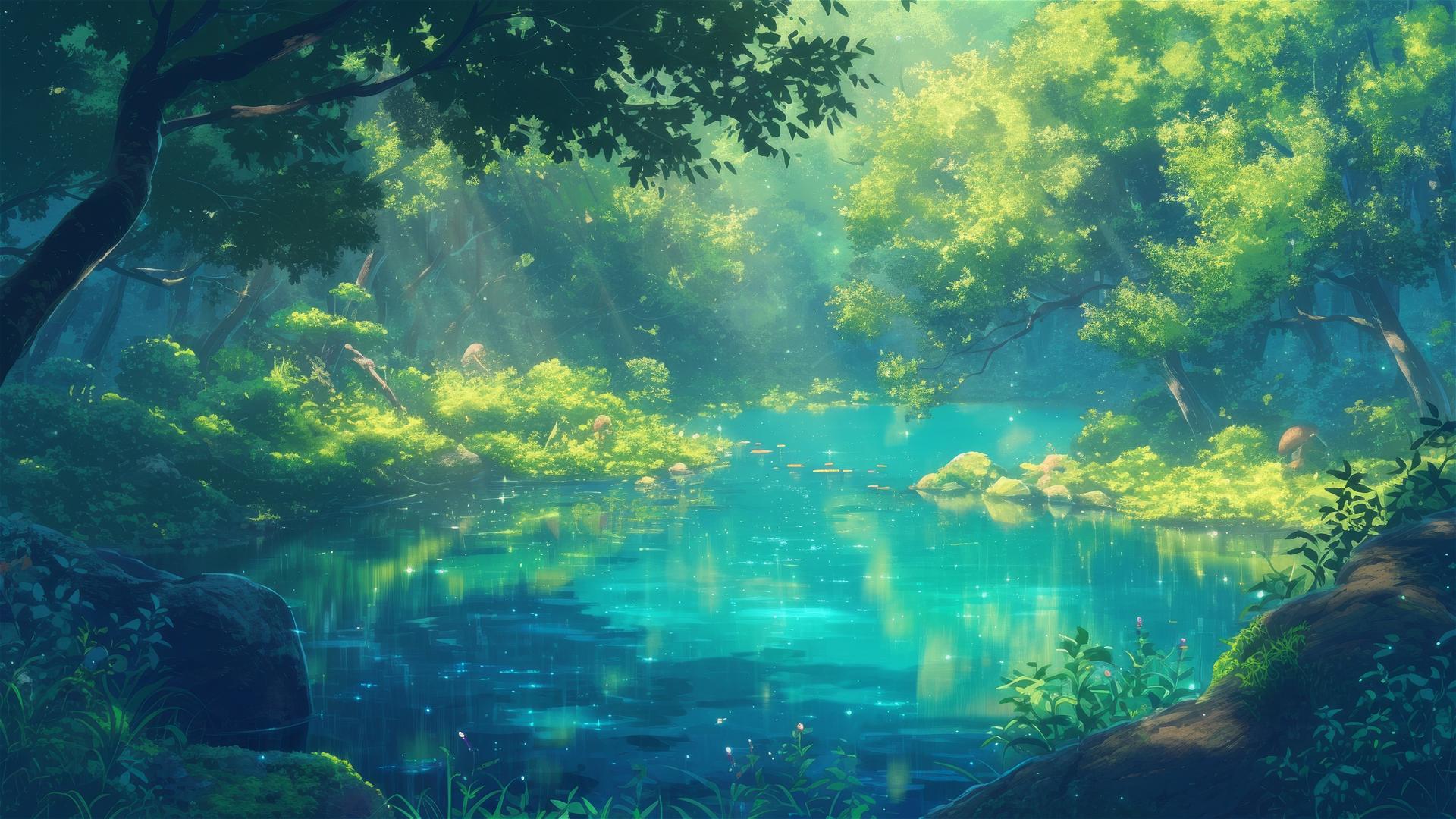 Ghibli-style enchanted forest pond with reflective water
